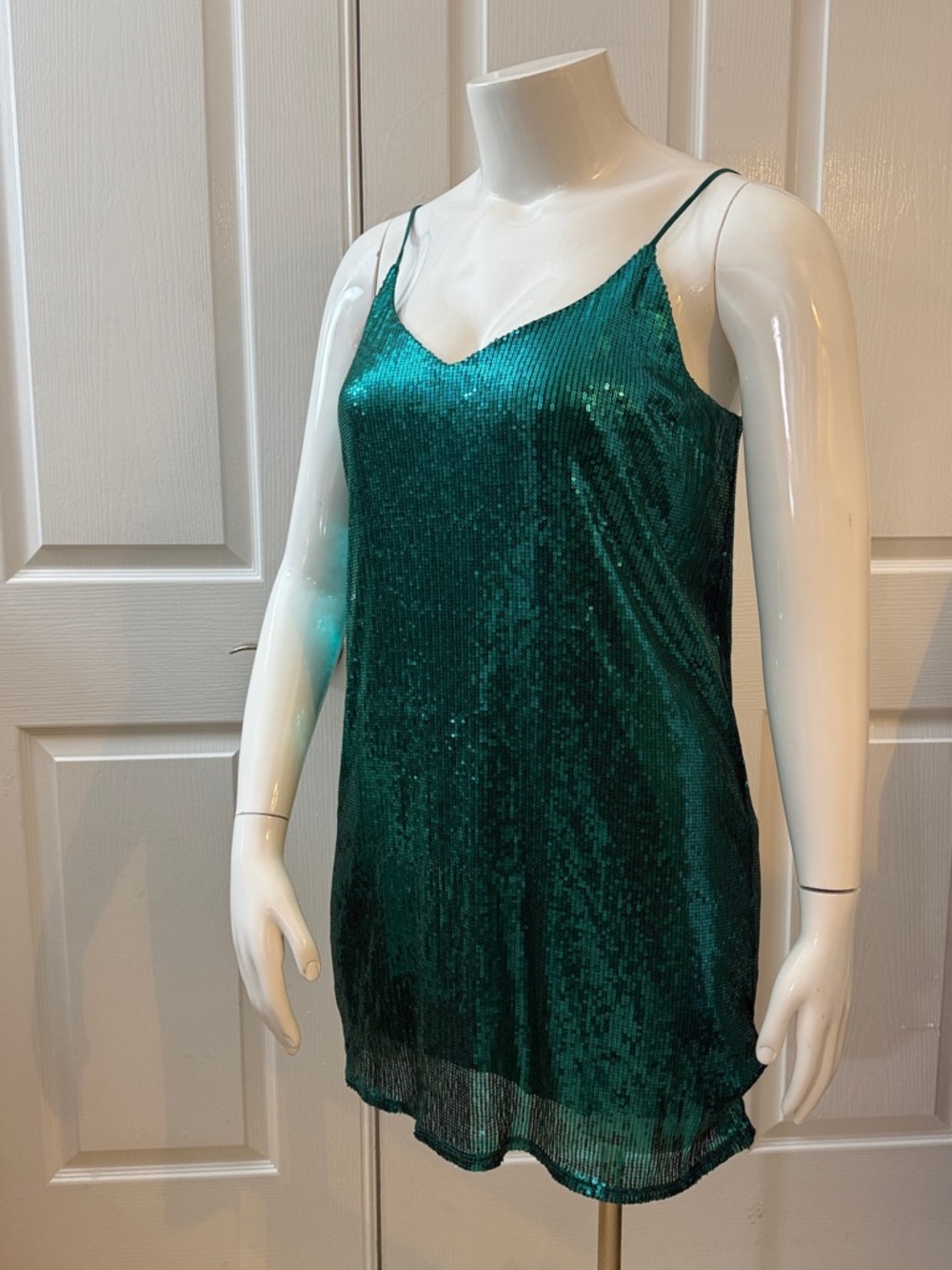 A New Day Emerald Green Sparkly Sequin loose fit Dress with adjustable straps.
